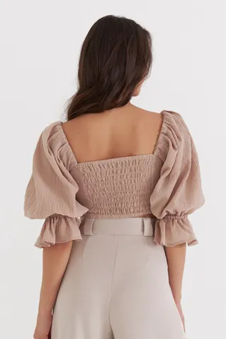 Блуза с рукавами фонариками из жатого хлопка цвета какао