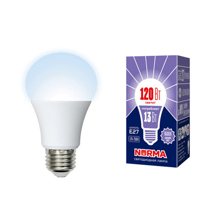 LED-A60-13W-DW-E27-FR-NR Лампа светодиодная. Форма A. матовая. Серия Norma. Дневной белый свет 6500K. Картон. ТМ Volpe