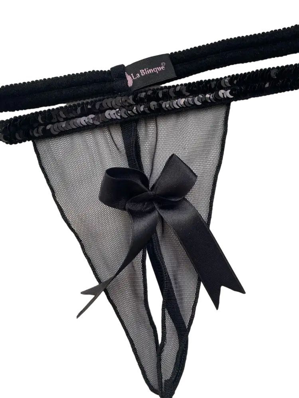 Сексуальные трусики-стринги с пайетками на поясе и бантом (Размер: L-XL) (Цвет: черный)