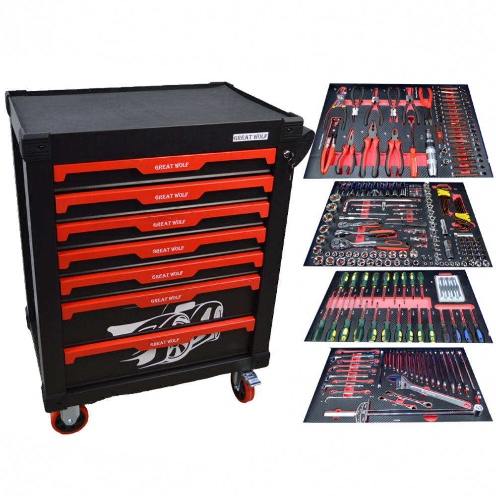 Инструментальная тележка с инструментом GW-7ST1 Black (Great Wolf, 249поз), 7 ящиков, увеличенные колеса с тормозом, ЦЗ, усиленная