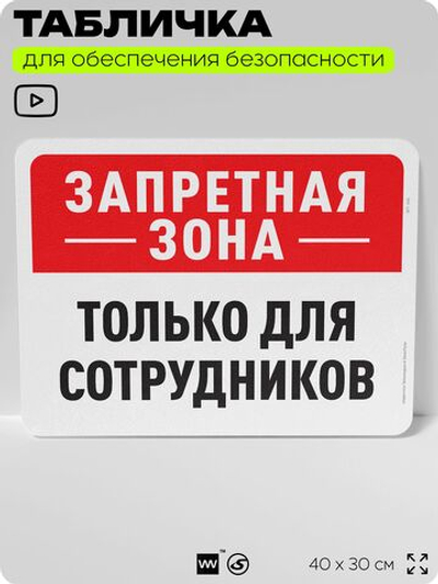 Табличка для обеспечения безопасности "Запретная зона, только для сотрудников", для офиса, по охране труда для предприятия, организаций, 40х30 см, Silver Plane x Айдентика Технолоджи