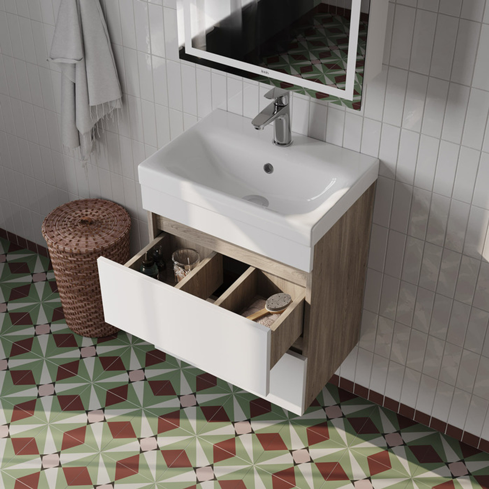 Тумба с умывальником подвесная с ящиками IDDIS Zodiac, 50 см, белая/под дерево, ZOD5AB0i95K