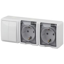 11-7404-01 ЭРА Блок две розетки+выключатель двойной IP54, 16A(10AX)-250В, ОУ, Эра Эксперт, белый (5/ | Эра Эксперт