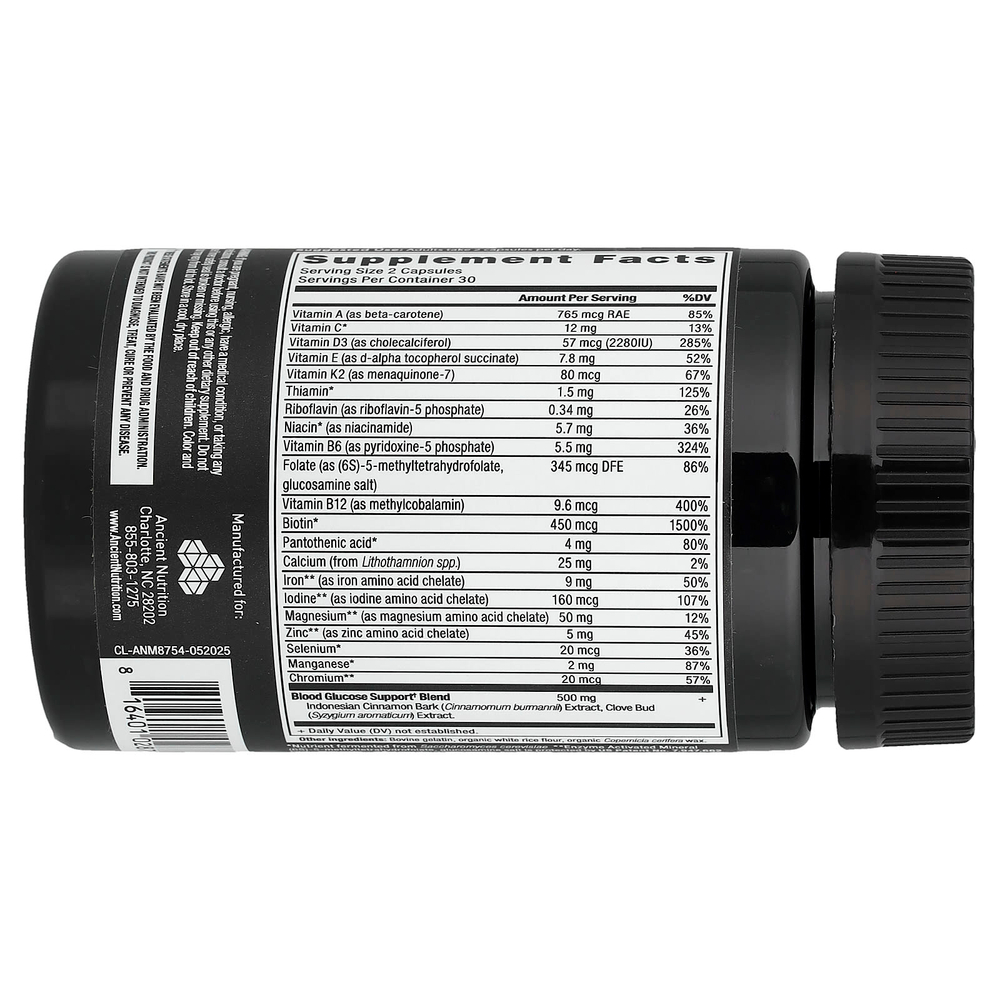 Ancient Nutrition, мультивитамины для поддержания уровня сахара в крови, 60 капсул