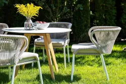 "Милан" стул плетеный из роупа, каркас алюминий белый шагрень, роуп бежевый круглый, ткань бежевая