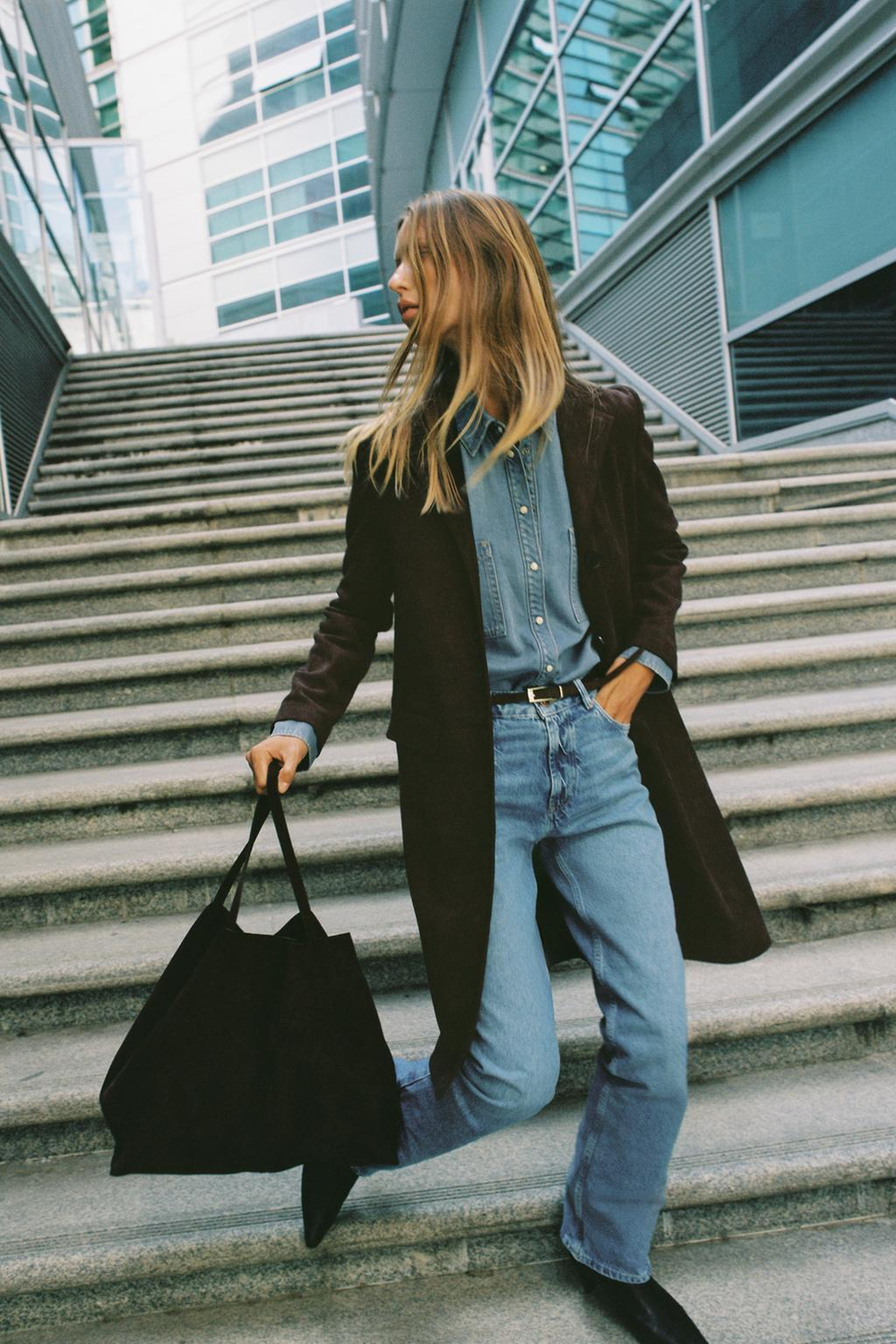 ZARA ПАЛЬТО-СЮРТУК ИЗ ТКАНИ ПОД ЗАМШУ, ШОКОЛАДНЫЙ