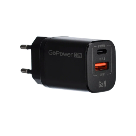 Зарядное устройство сетевое GoPower GPQC09 1USB+1Type-C 35W QC3.0 GaN черный