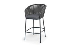 "Бордо" стул барный плетеный из роупа, каркас из стали темно-серый (RAL7024) муар, роуп серый 15мм, ткань темно-серая 027 NEW