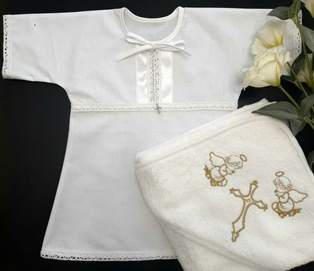 Крестильный набор размер 56-62 "Белый Ангел" с махровой пеленкой 100*100см / золото/ для мальчика