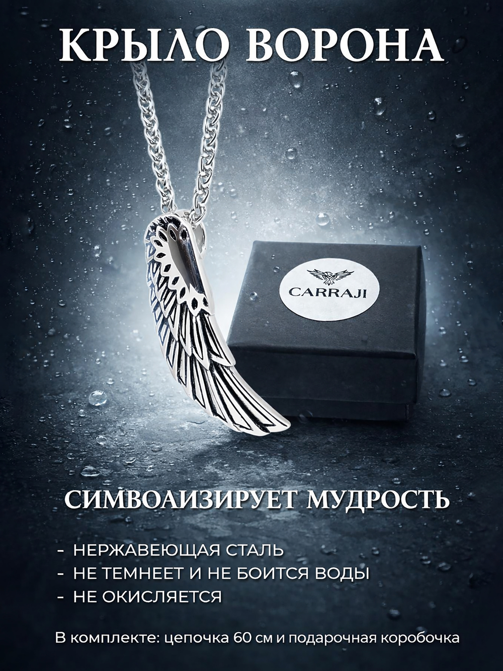 Кулон из стали "Крыло ворона" на цепочке
