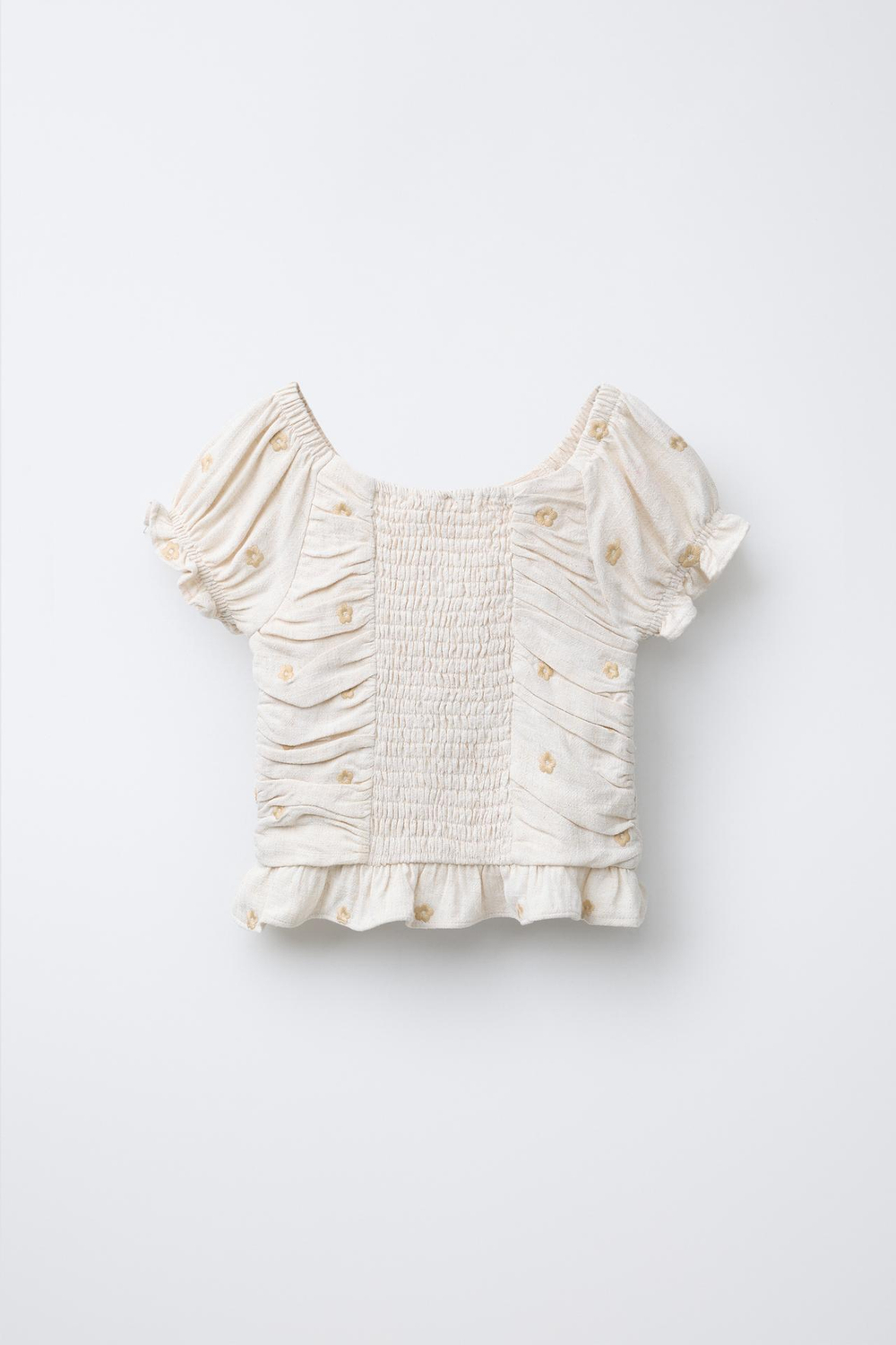 ZARA ТОП ИЗ СМЕСОВОГО ЛЬНА СО СБОРКАМИ И ЦВЕТОЧНОЙ ВЫШИВКОЙ, ПЕСОЧНЫЙ