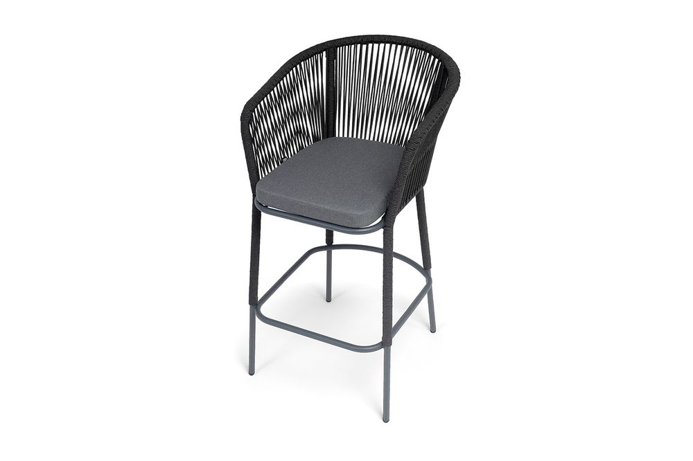 "Марсель" стул барный плетеный из роупа, каркас из стали темно-серый (RAL7024) муар, роуп темно-серый круглый, ткань темно-серая 027 NEW