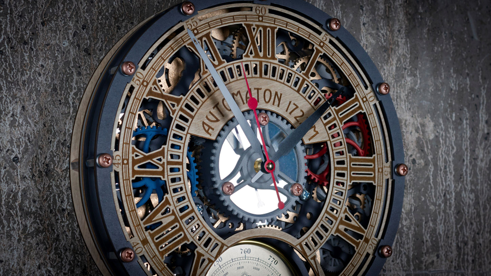 Настенные часы WOODandROOT Automaton 1722 с метеостанцией — барометр, термометр и вращающиеся шестерёнки в корпусе из МДФ