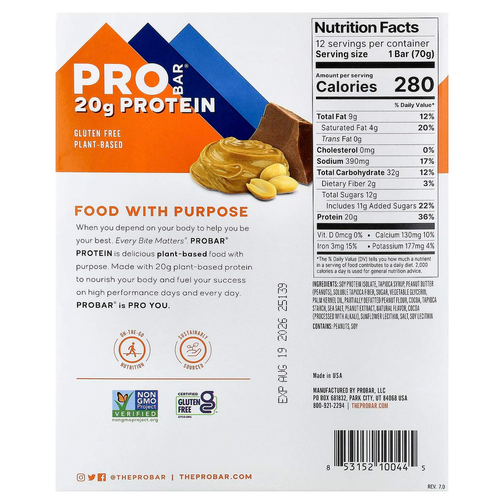 ProBar, протеиновый батончик, арахисовая паста и шоколад, 12 шт. по 70 г (2,47 унции)