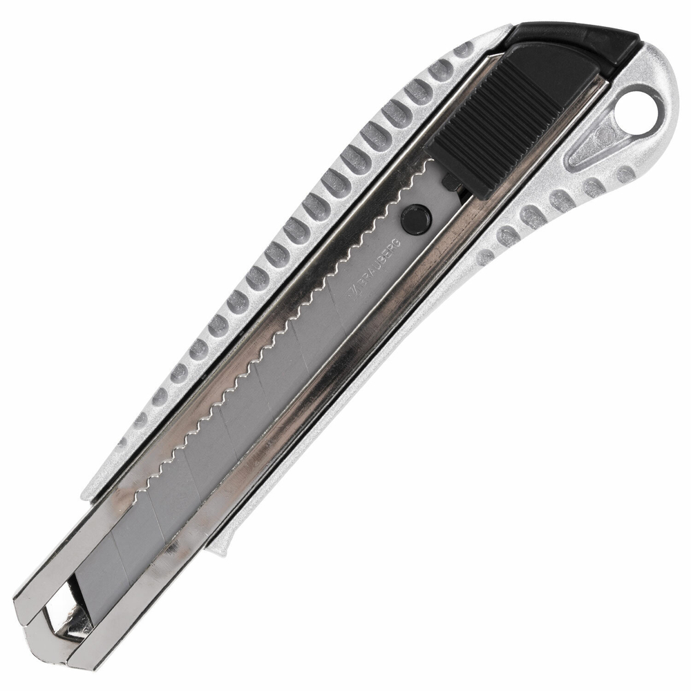 Нож канцелярский 18 мм BRAUBERG "Metallic" металлический корпус (рифленый) автофиксатор блистер (3 штуки в упаковке)