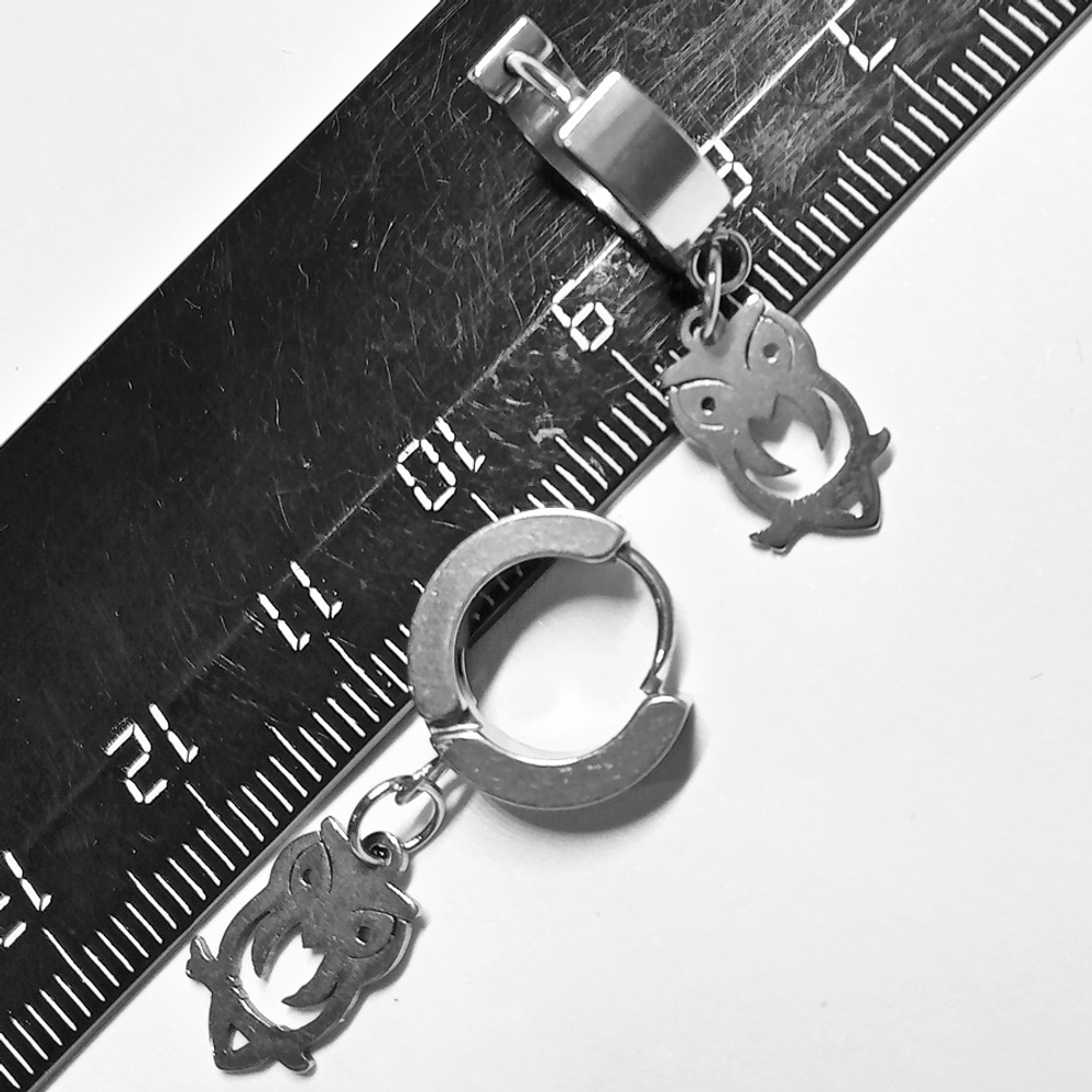 Серьги кольца с подвеской "Сова" (14х8мм) для пирсинга ушей. Медицинская сталь. Цена за пару!