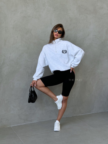 Меланжевый серый хлопковый свитшот с воротом на молнии