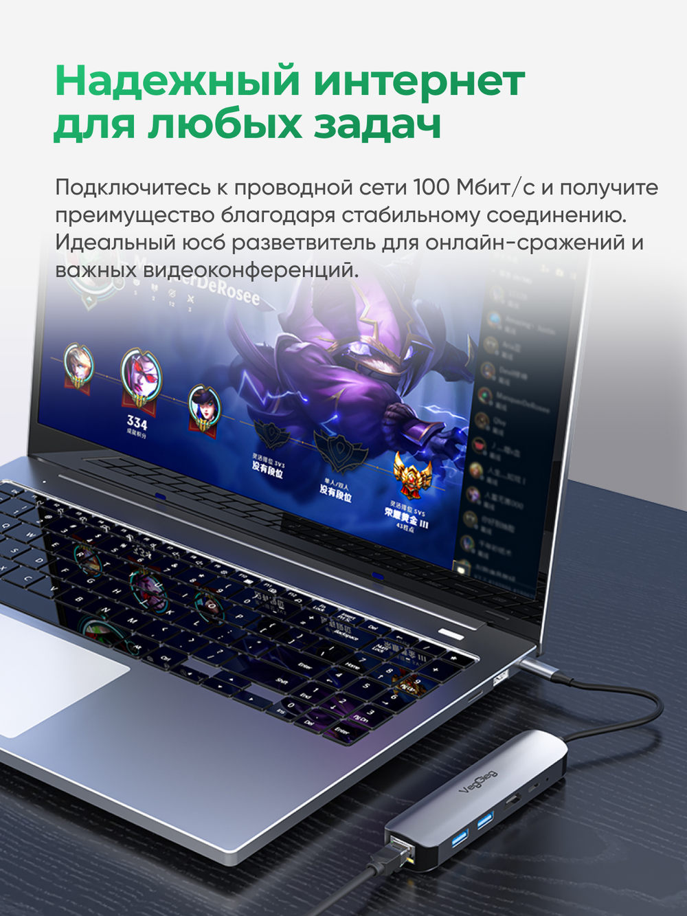 Type-C хаб 5 в 1 VegGieg | HDMI + USB 3.0 + USB 2.0 + RJ45 100 Мбит/с + PD | Без драйверов | Алюминиевый корпус