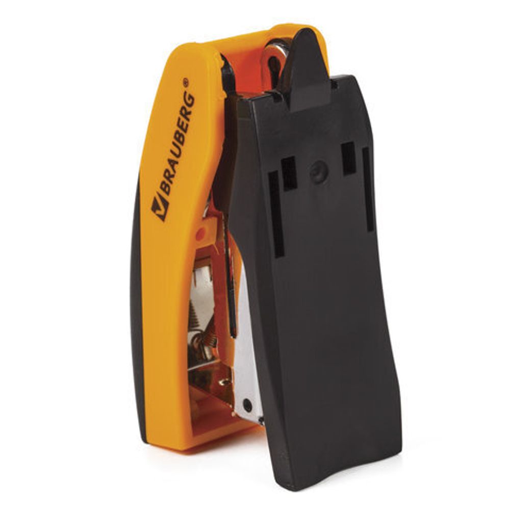 Степлер №10 МИНИ BRAUBERG "Soft", до 12 листов, с резиновой накладкой и антистеплером, черно-оранжевый, 226857