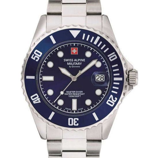 С браслетом Мужские наручные часы с серебряным браслетом Swiss Alpine Military 7053.1135 diver 42mm 10ATM