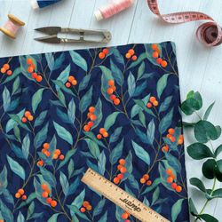 Ткань блэкаут яркая брусника среди тёмных листьев в стиле «нуар»