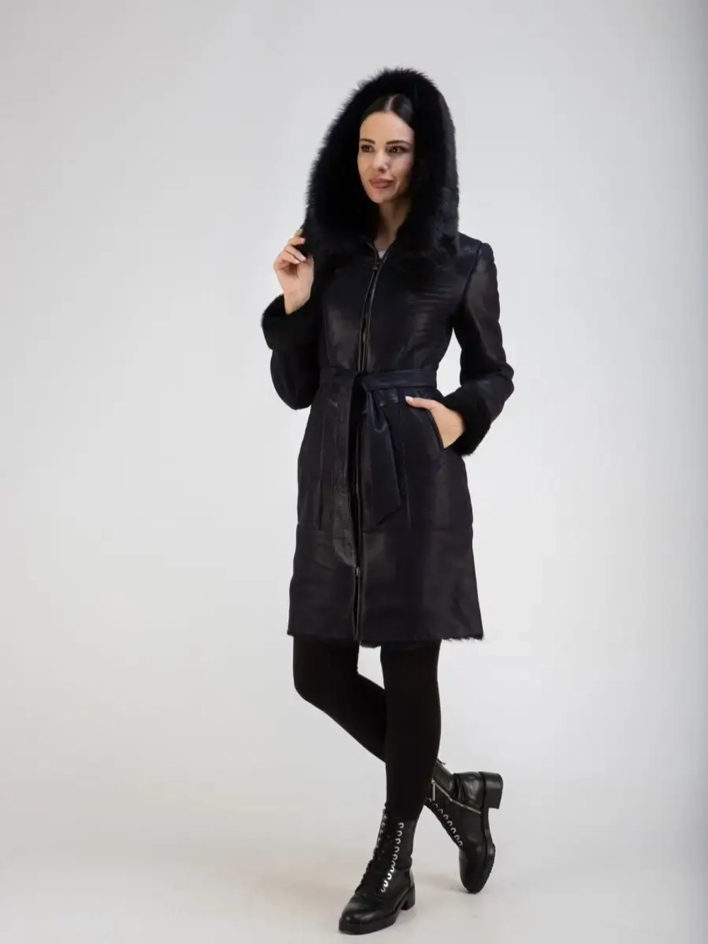 Дубленка женская натуральная с капюшоном длинная Турция