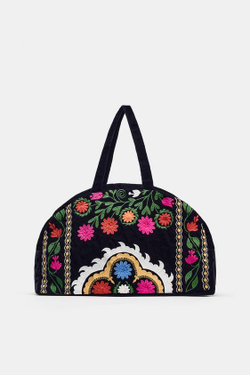 ZARA ДОРОЖНАЯ БАРХАТНАЯ СУМКА С ВЫШИВКОЙ, ЧЕРНЫЙ