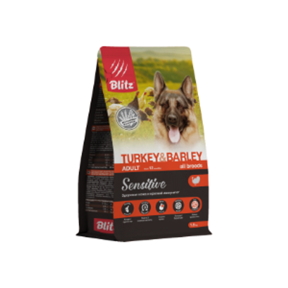 Сухой корм для собак BLITZ ADULT TURKEY & BARLEY ALL BREEDS для взрослых собак всех пород, индейка и ячмень, 2 кг