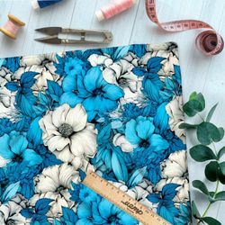 Ткань премиум атлас бело-голубой фантазийный цветник