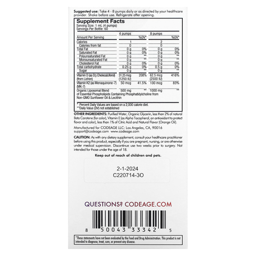 Codeage, Липосомальные витамины D3 и K2, апельсин, 59,2 мл (2 жидк. унц.)
