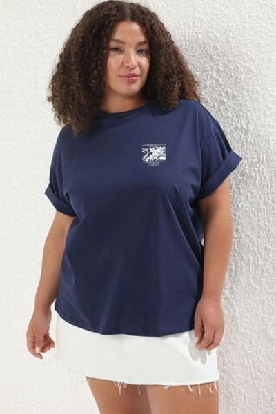 Темно-синяя трикотажная футболка больших размеров с принтом спереди и сзади из 100% хлопка, облегающая большие размеры, TBBSS25BF00002