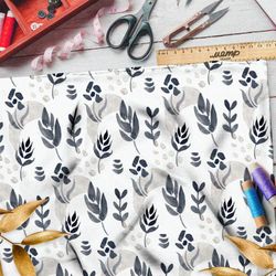 Ткань лён чёрные акварельные листья на белом фоне