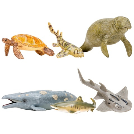 Фигурки игрушки серии "Мир морских животных": Ламантин, морская черепаха, серый кит, рохлевый скат, тигровая акула, кошачья акула