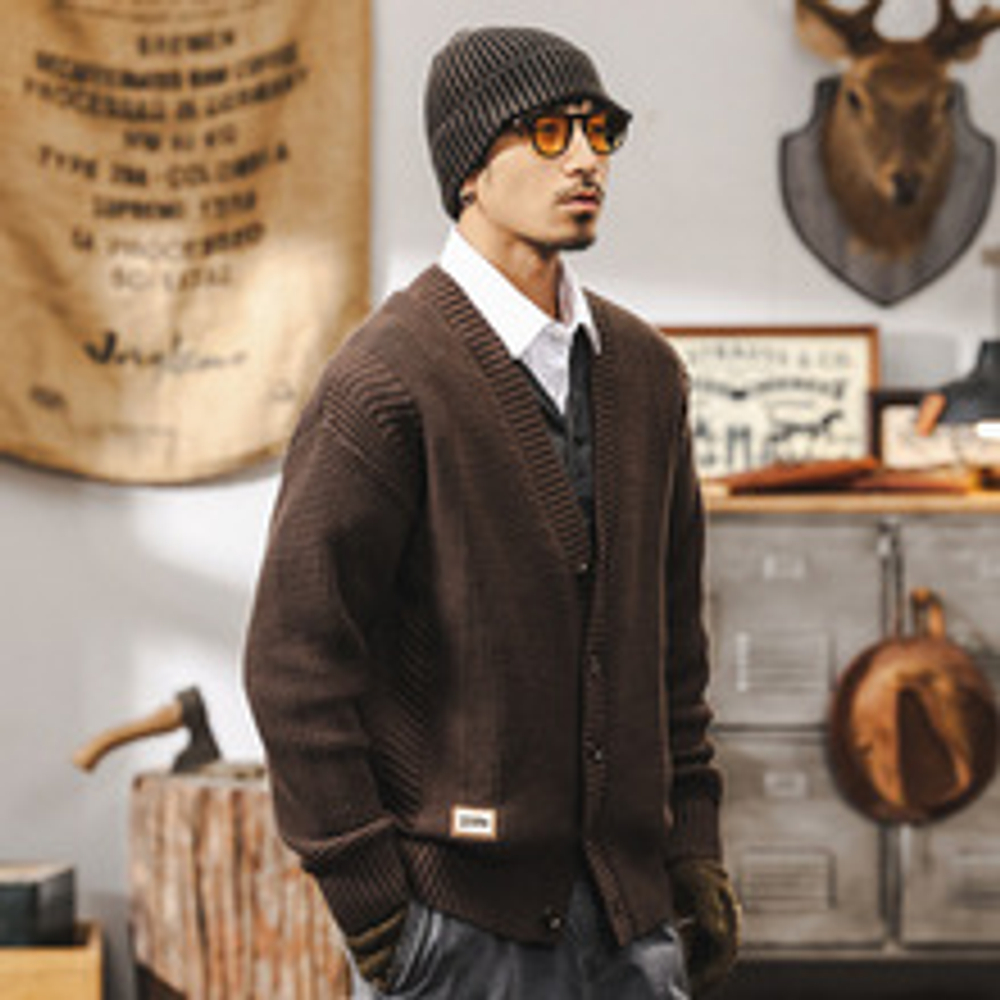 Американский ретро 810g кардиган свитер мужской зимний толстой прилив бренд ленивый ветер вязаный свитер с V-образным вырезом мужское пальто