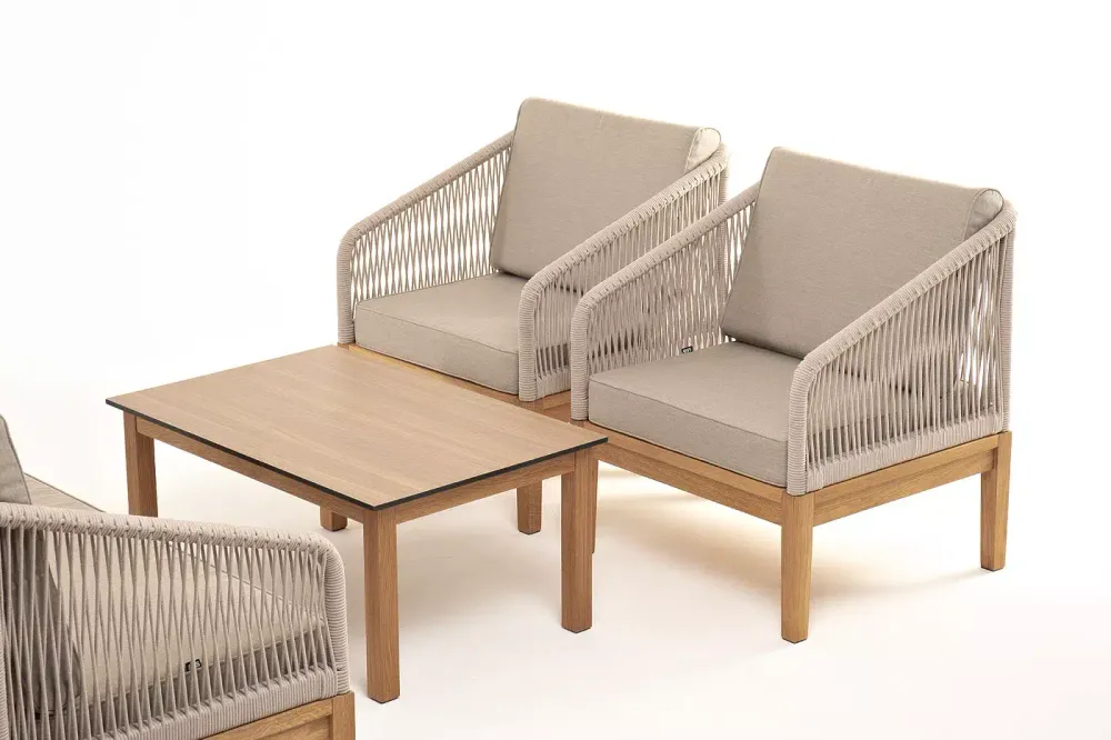 "Канны" лаунж-зона 4-местная из роупа со столиком "Канны" цвета "дуб", основание дуб, роуп бежевый