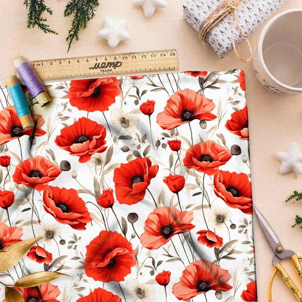 Ткань премиум таффета поле красных маков