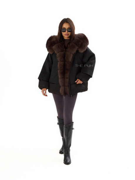 Комбинированный черный пуховик с мехом песца