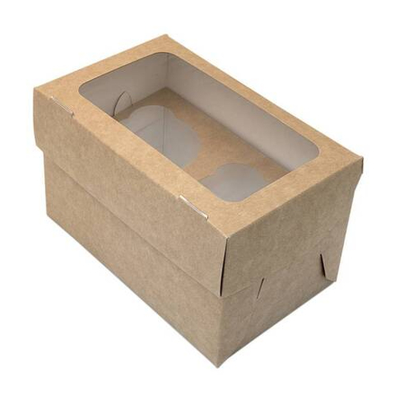 Коробка для капкейков с окном на 2 капкейка белая / крафт 16х10х10 см