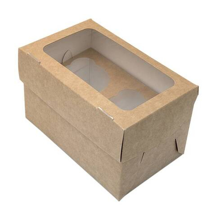 Коробка для капкейков с окном на 2 капкейка белая / крафт 16х10х10 см