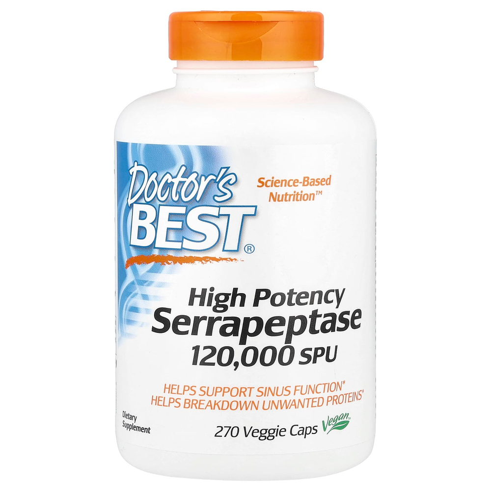 Doctor's Best, высокоэффективная серрапептаза, 120 000 SPU, 270 вегетарианских капсул