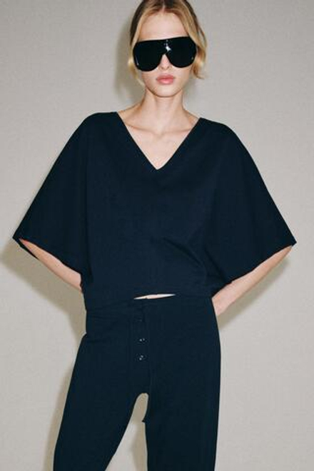 ZARA ХЛОПКОВАЯ ФУТБОЛКА С РУКАВАМИ-НАКИДКАМИ, МОРСКОЙ СИНИЙ