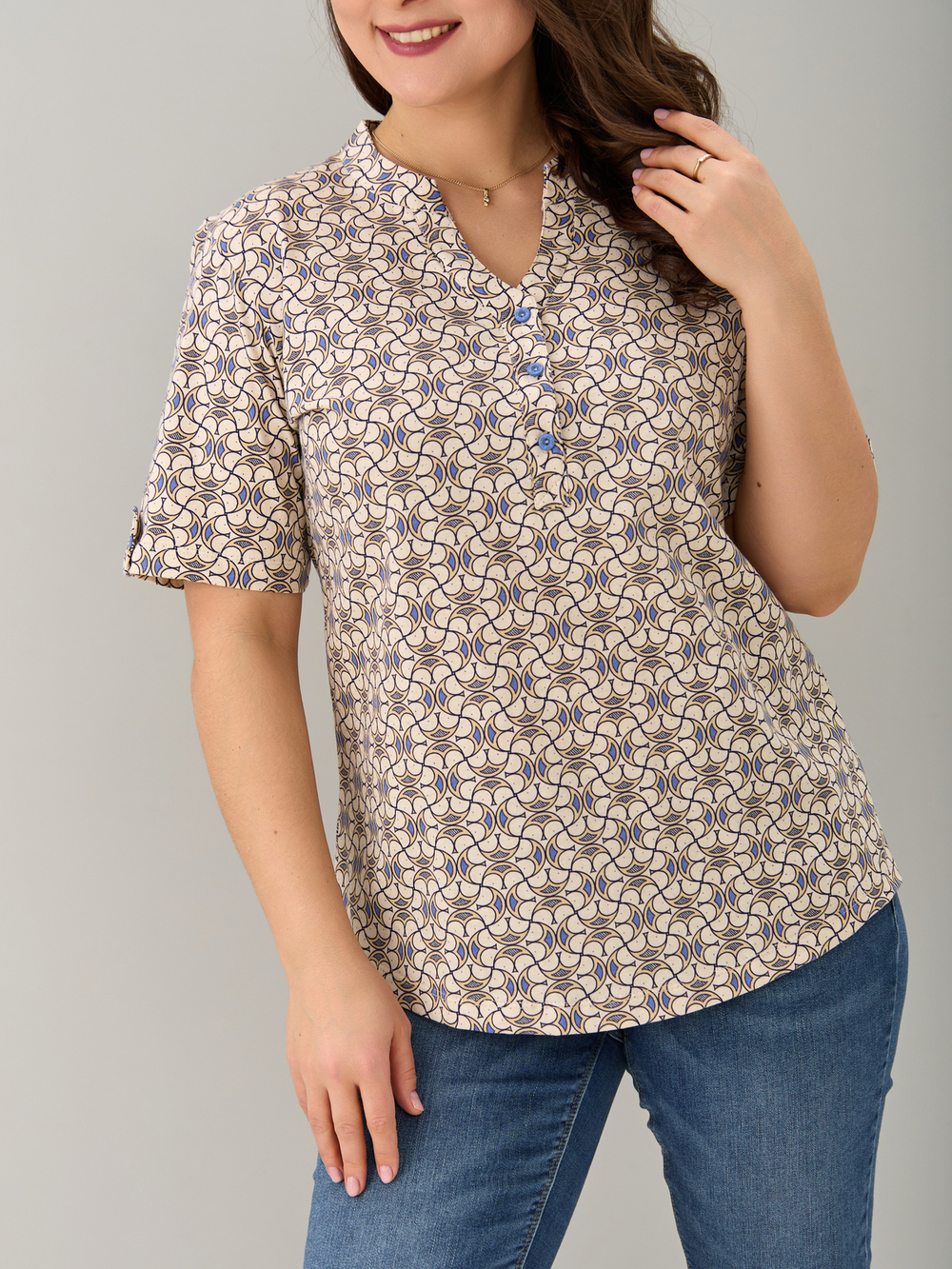 Блузка БЛ-122/экрю-орнаментголубой