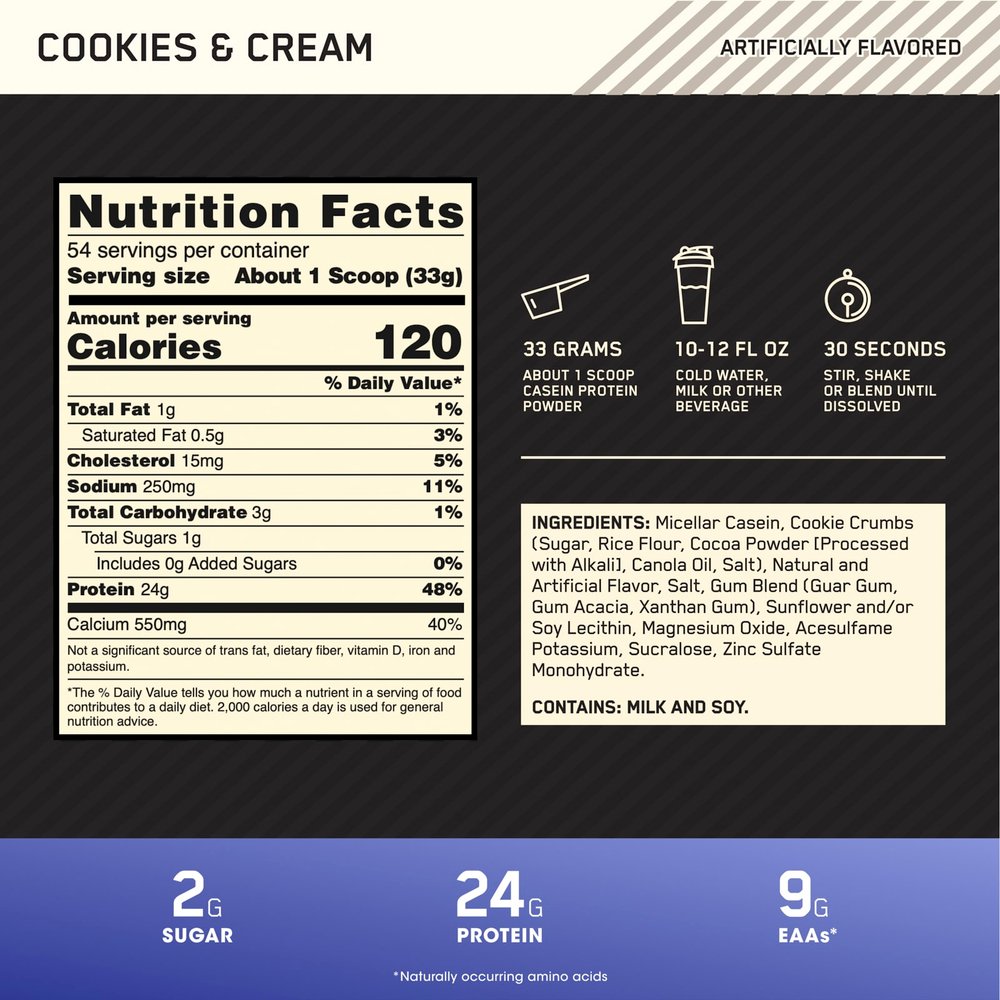 Optimum Nutrition, Gold Standard®, 100% казеин, печенье и сливки, 1,75 кг (3,85 фунта)