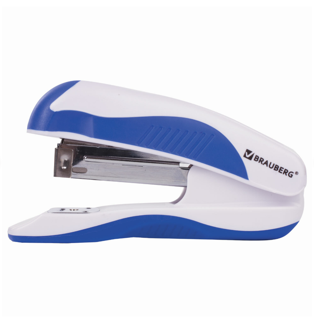 Степлер №24/6, 26/6 BRAUBERG "JET PRO", до 25 листов, эргономичный, бело-синий, 228584
