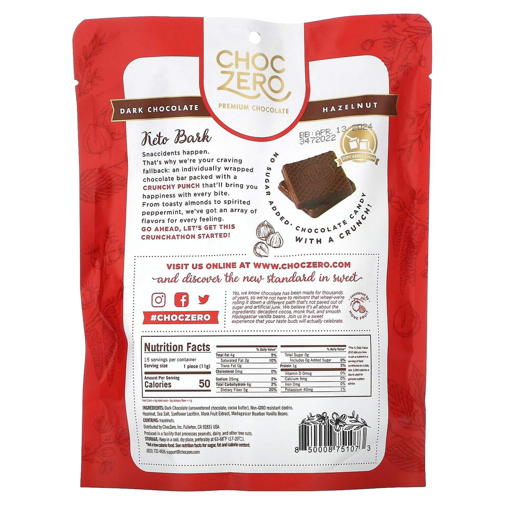 ChocZero, черный шоколад с морской солью и фундуком, без сахара, 6 мини-плиток, по 28 г (1 унции)