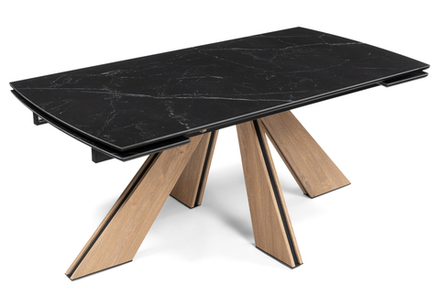 Керамический стол Woodville Шаннон 180(240)х90х79 черный мрамор, дуб монтана, ножки натуральные