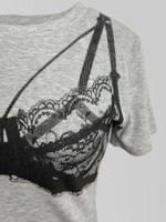 Футболка UT 8821 укороченная в рубчик с принтом кружевного топа