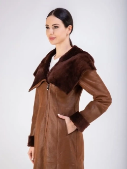 Дубленка женская зима натуральная длинная с капюшоном Турция