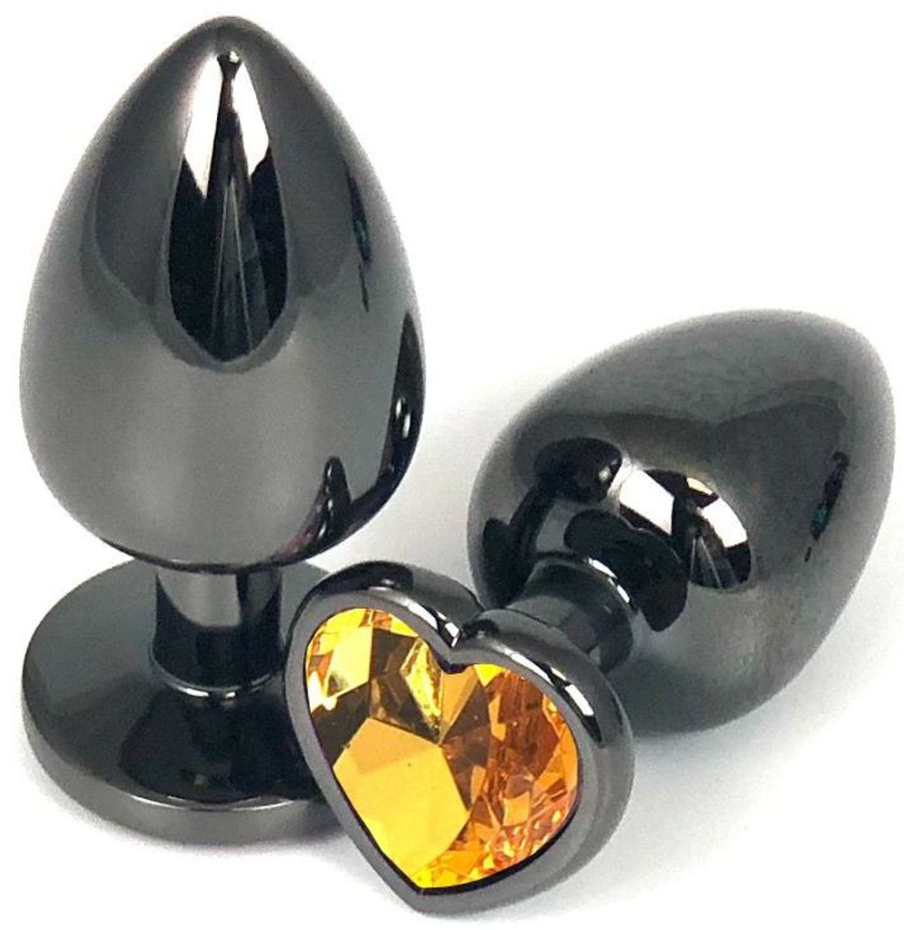 Черная анальная пробка с оранжевым стразом-сердечком - 6,5 см. (Цвет: оранжевый)