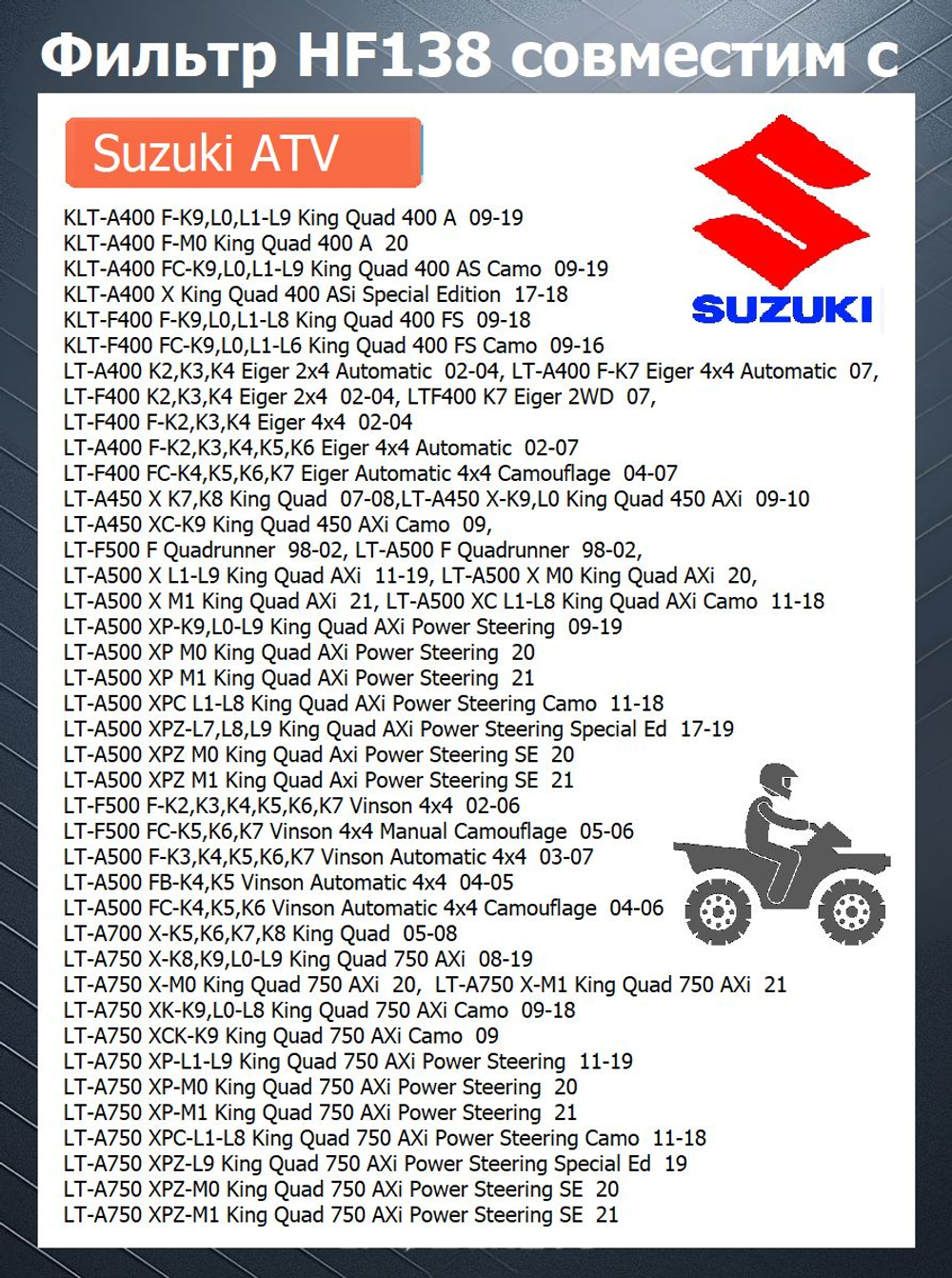 Фильтр масляный HF138 Yamaha, Aprilia, Suzuki ATV, Arctic Cat, Kymco ATV, Mazda, Cher